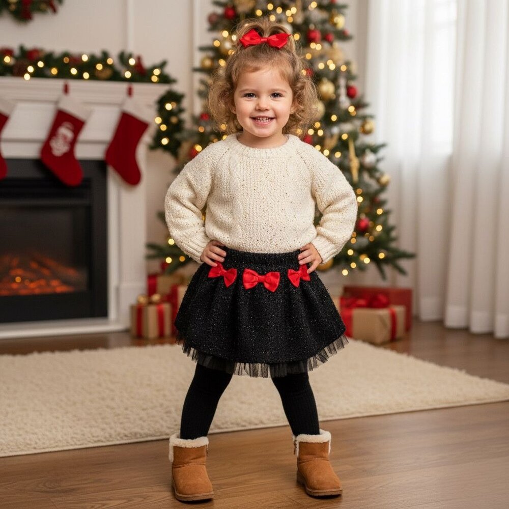 Koala Kids Pleated A-Line Skirt Flared Pull-On Tulle Glitter Red Bows Holiday 3T